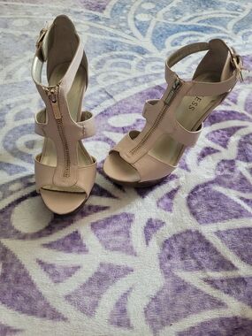 Guess Peep-Toe T-Strap Heels in Light Blush